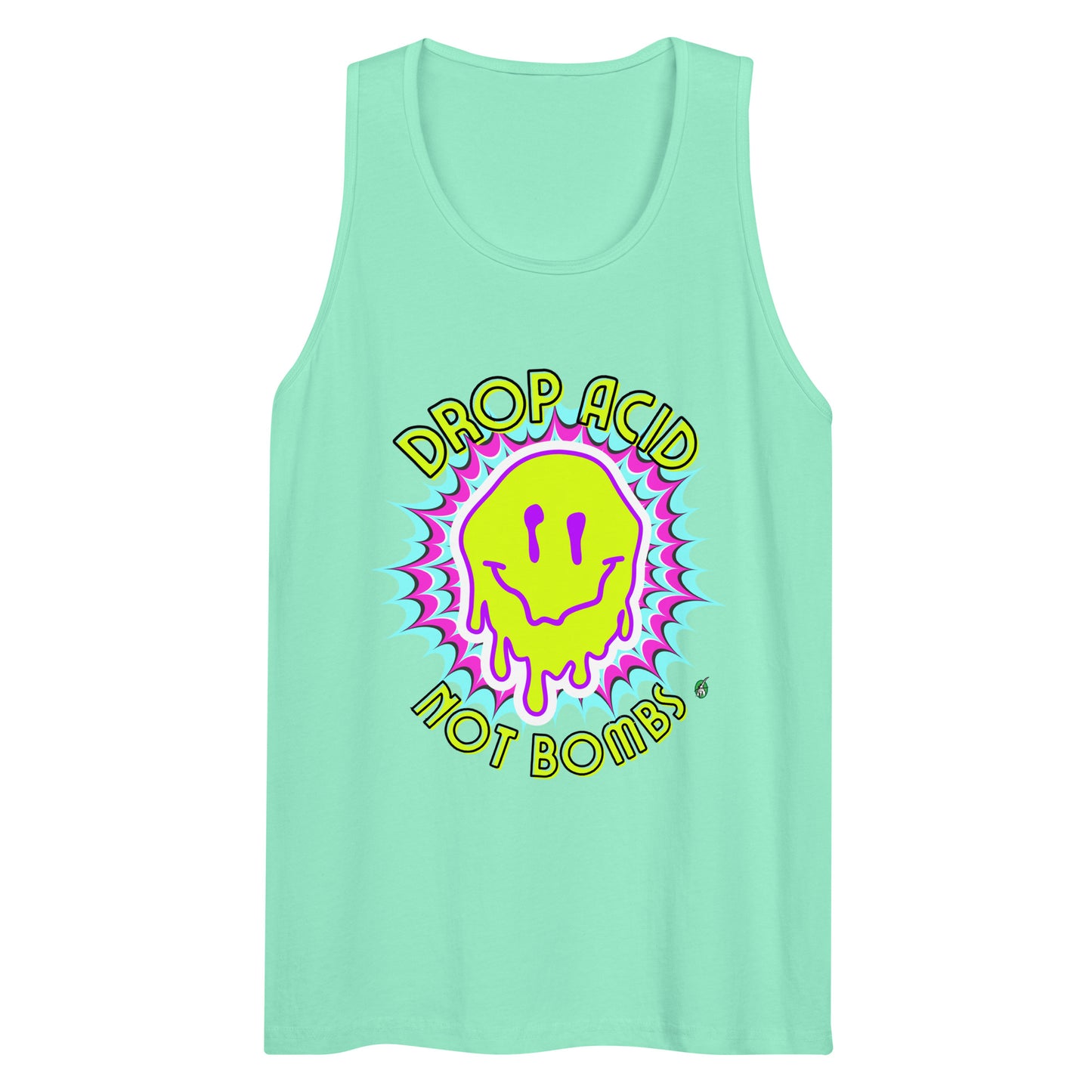 Men's festival graphic tank top in mint green from Wizard Prints Shop with the slogan, Drop Acid Not Bombs and the image of squiggly smiley face in bright colours