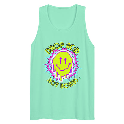 Men's festival graphic tank top in mint green from Wizard Prints Shop with the slogan, Drop Acid Not Bombs and the image of squiggly smiley face in bright colours