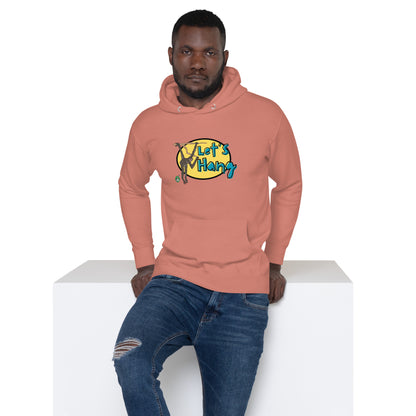A man standing wearing dusty rose hoodie with a printed graphic of a monkey hanging on a branch with the words, Let's Hang. Designed by Wizard Prints.
