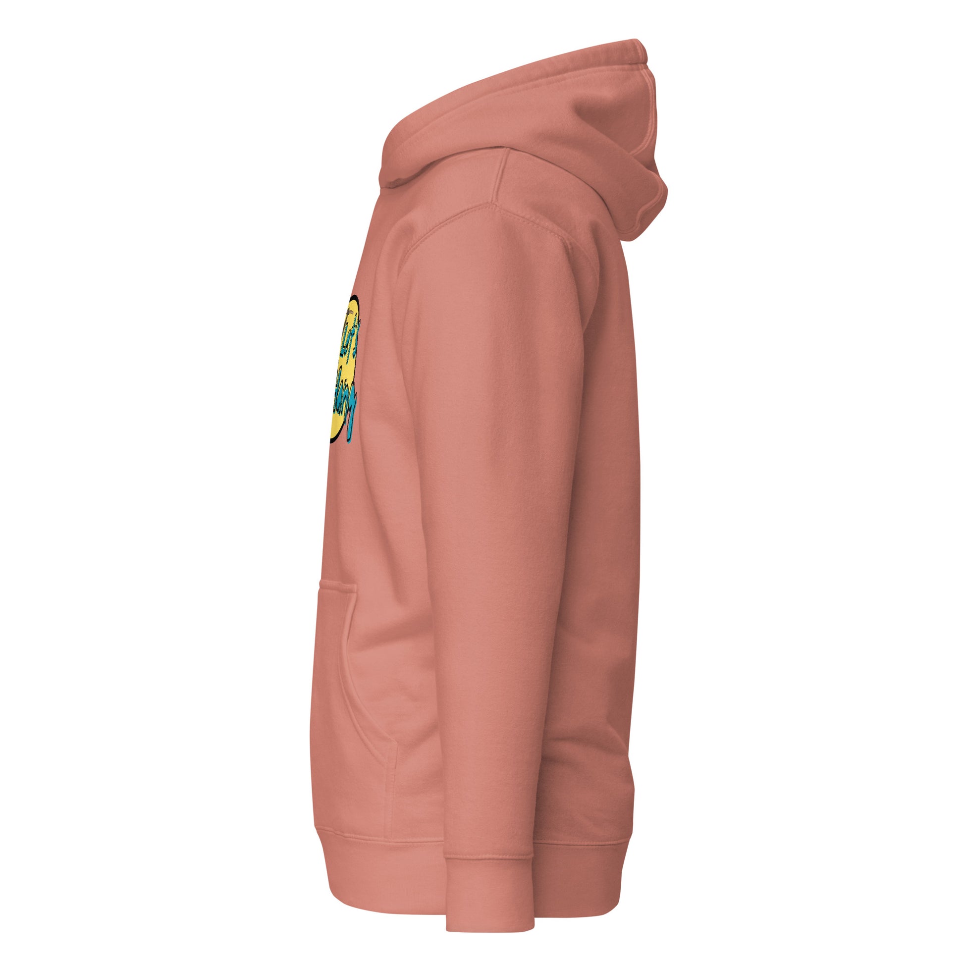 Side view of a men's dusty rose hoodie by Wizard Prints Shop