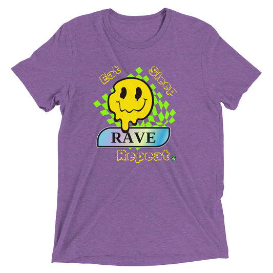 Men's festival graphic t-shirt in purple from Wizard Prints Shop with the slogan, Eat Sleep Rave Repeat and the image of a squiggly smiley face