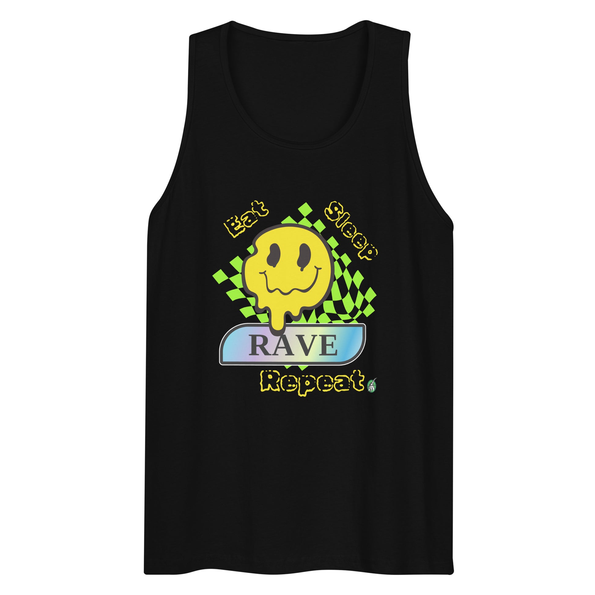 Men's festival graphic tank top in black from Wizard Prints Shop with the slogan, Eat Sleep Rave Repeat and the image of a squiggly smiley face