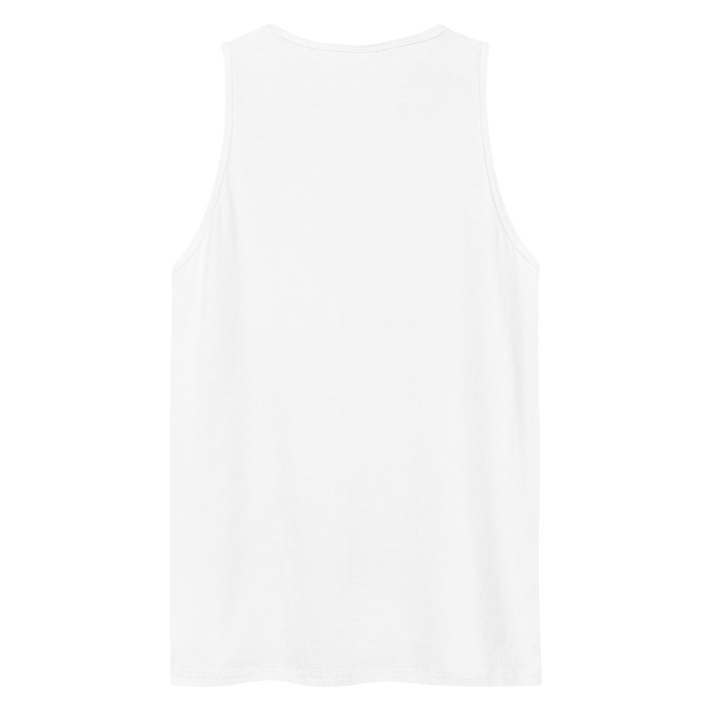 The back view of a white men's festival graphic tank top from Wizard Prints Shop