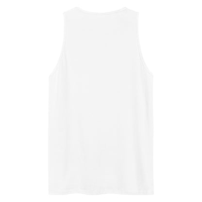 The back view of a white men's festival graphic tank top from Wizard Prints Shop