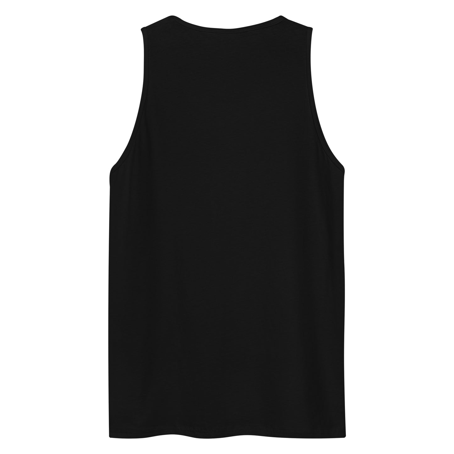 The back view of a men's festival graphic tank top in black from Wizard Prints Shop