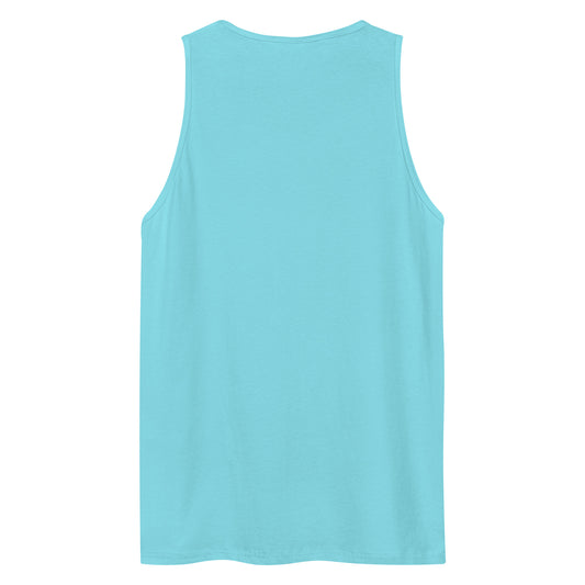 The back view of a men's festival graphic tank top in blue from Wizard Prints Shop