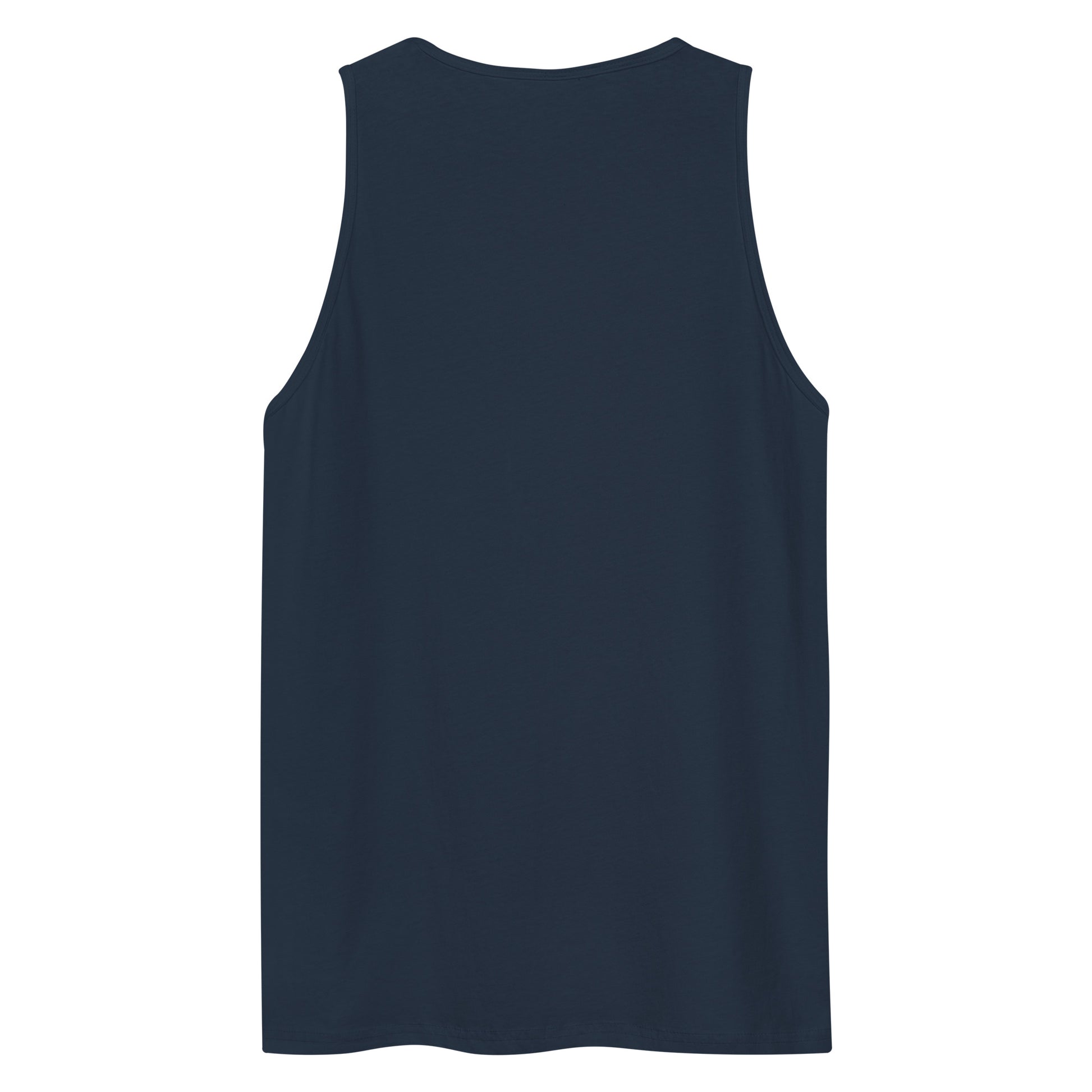 The back view of a men's festival graphic tank top in navy from Wizard Prints Shop