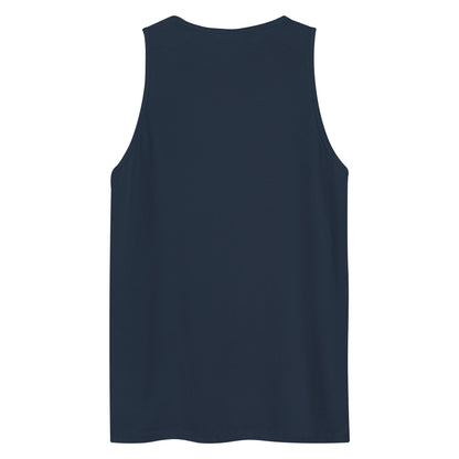 The back view of a men's festival graphic tank top in navy from Wizard Prints Shop
