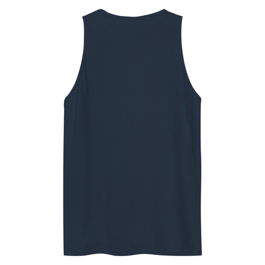 The back view of a men's festival graphic tank top in navy from Wizard Prints Shop