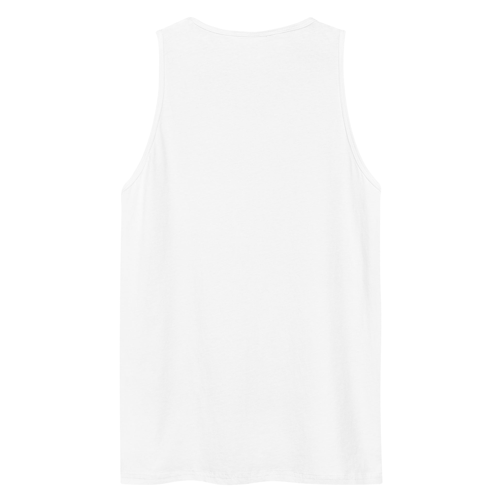 The back view of a men's festival graphic tank top in white from Wizard Prints Shop