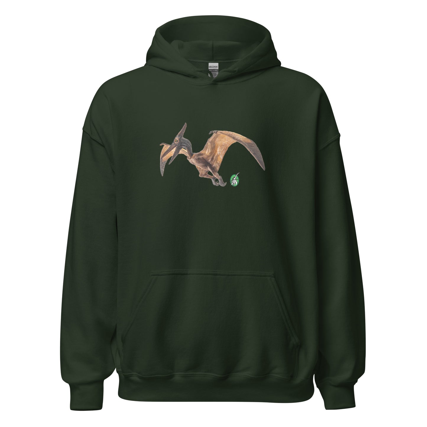 Men's forest green hoodie with a printed graphic of a life like pterodactyl dinosaur. Designed by Wizard Prints.
