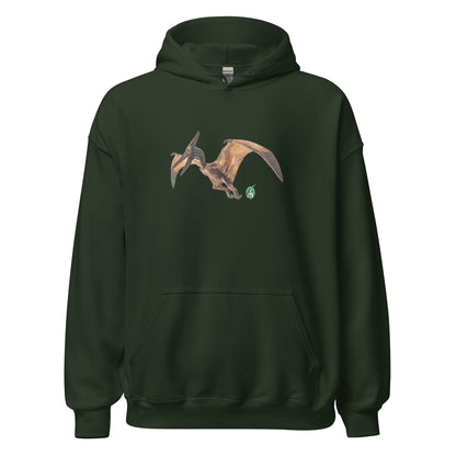 Men's forest green hoodie with a printed graphic of a life like pterodactyl dinosaur. Designed by Wizard Prints.