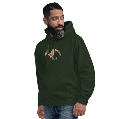 A man standing wearing a forest green hoodie with a printed graphic of a life like dinosaur. Designed by Wizard Prints.