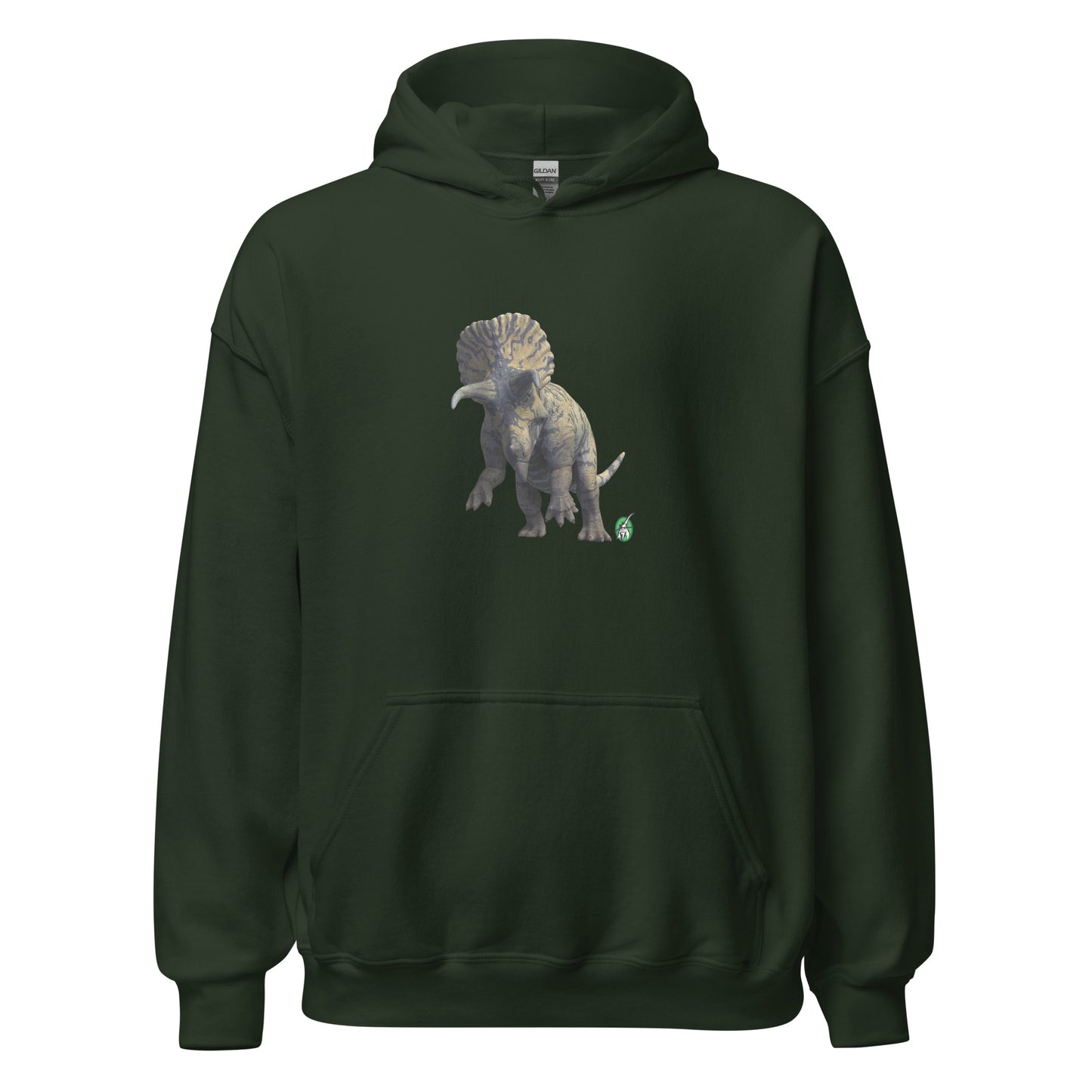 Men's forest green hoodie with a printed graphic of a life like dinosaur. Designed by Wizard Prints.