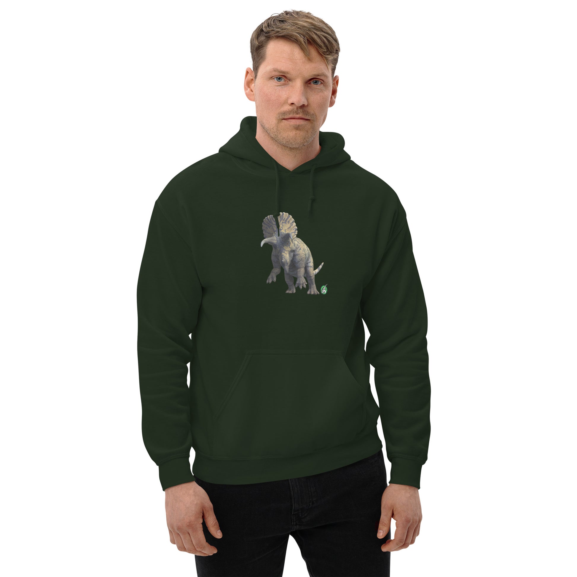 A man standing wearing a forest green hoodie with a printed graphic of a life like dinosaur. Designed by Wizard Prints.