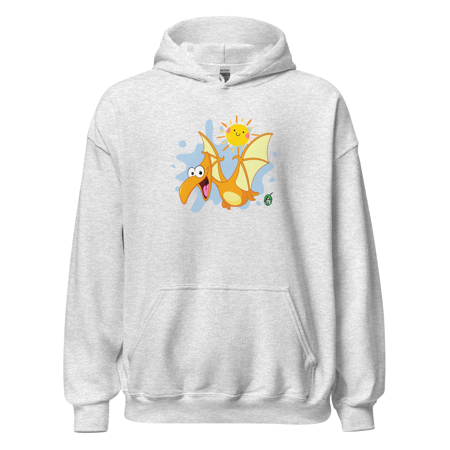 Men's ash hoodie with a printed graphic of a smiling cartoon dinosaur and the sun. Designed by Wizard Prints.