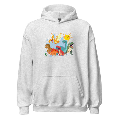 Mens ash hoodie with a printed graphic of different colorful dinosaur types and the sun. Designed by Wizard Prints.