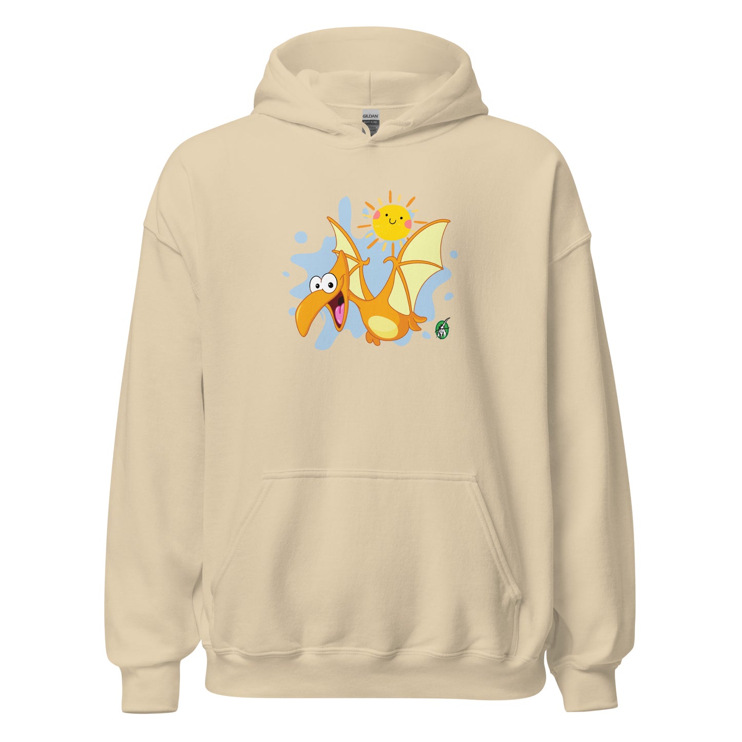 Men's beige hoodie with a printed graphic of a smiling cartoon dinosaur and the sun. Designed by Wizard Prints.
