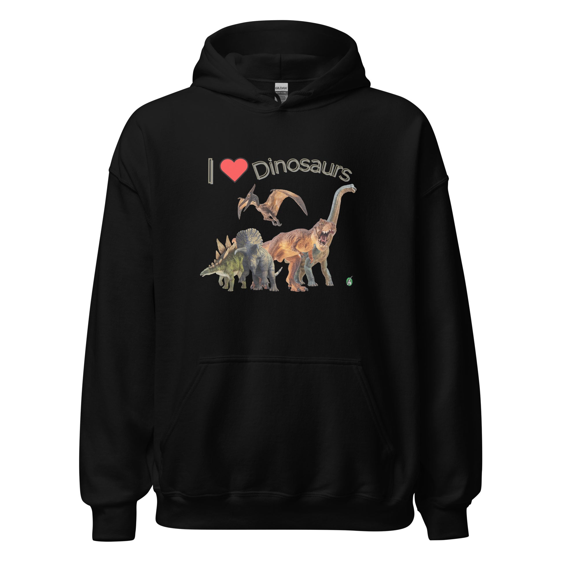 Men's black hoodie with a printed graphic of life like dinosaurs and the statement, I love Dinosaurs. Designed by Wizard Prints.