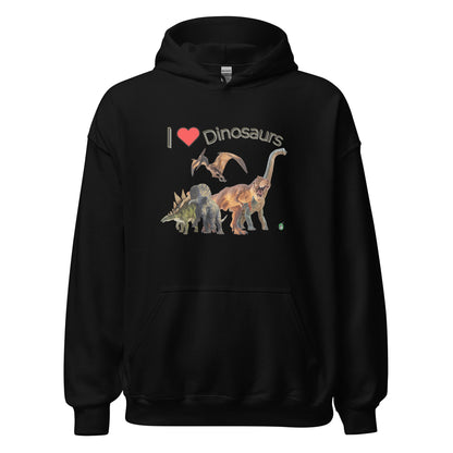 Men's black hoodie with a printed graphic of life like dinosaurs and the statement, I love Dinosaurs. Designed by Wizard Prints.