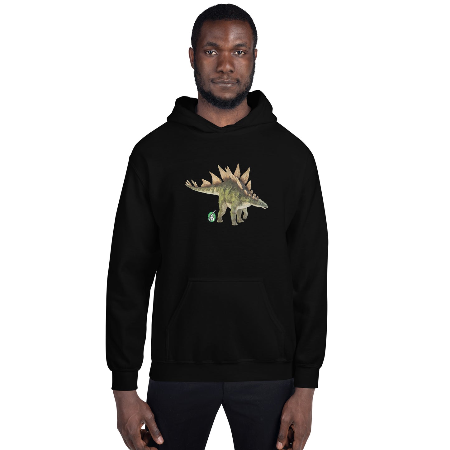 Men's black hoodie with a printed graphic of a life like dinosaur, designed by Wizard Prints