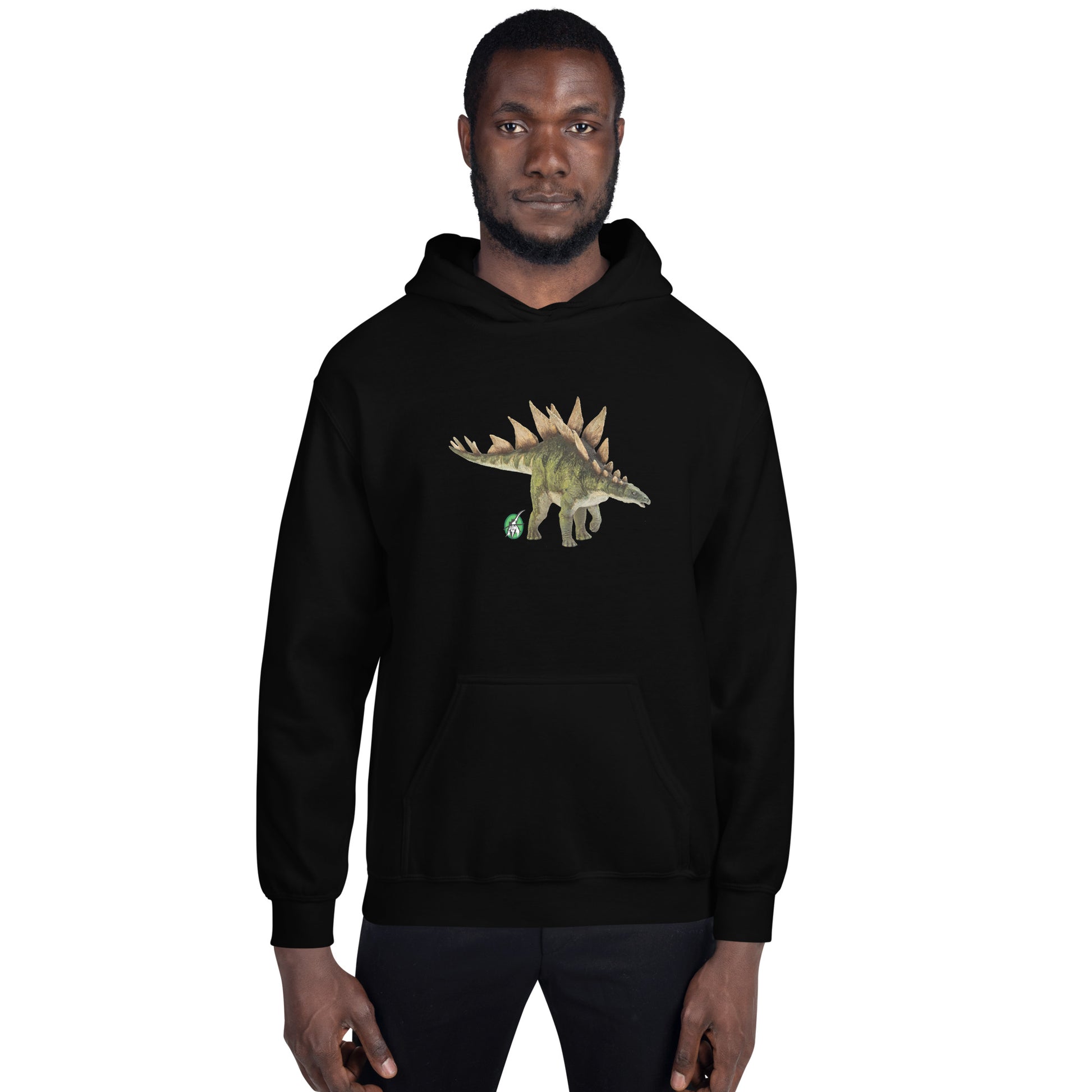 Men's black hoodie with a printed graphic of a life like dinosaur, designed by Wizard Prints