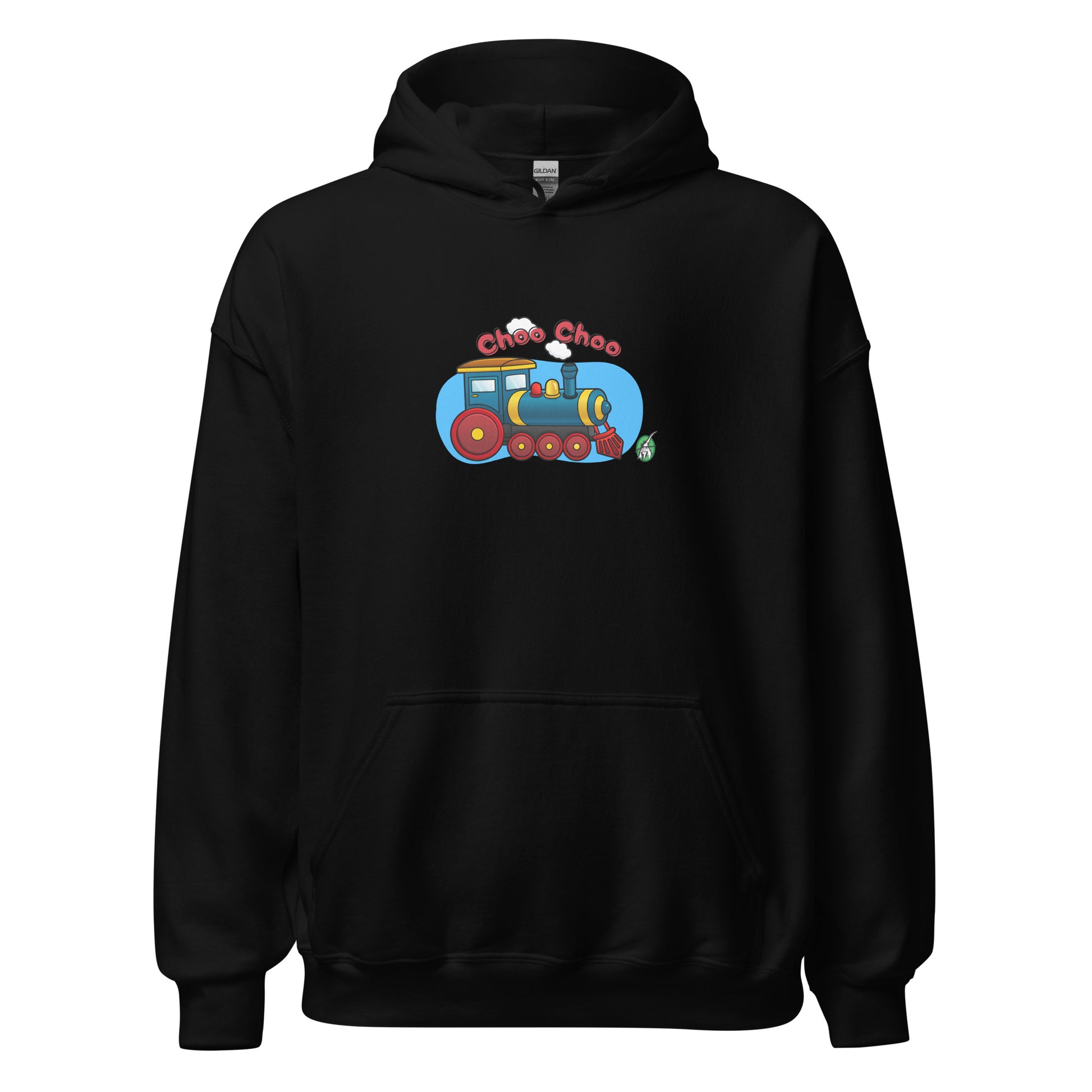 Men's black hoodie with a printed graphic of a cartoon train and the words 'Choo Choo'. Designed by Wizard Prints