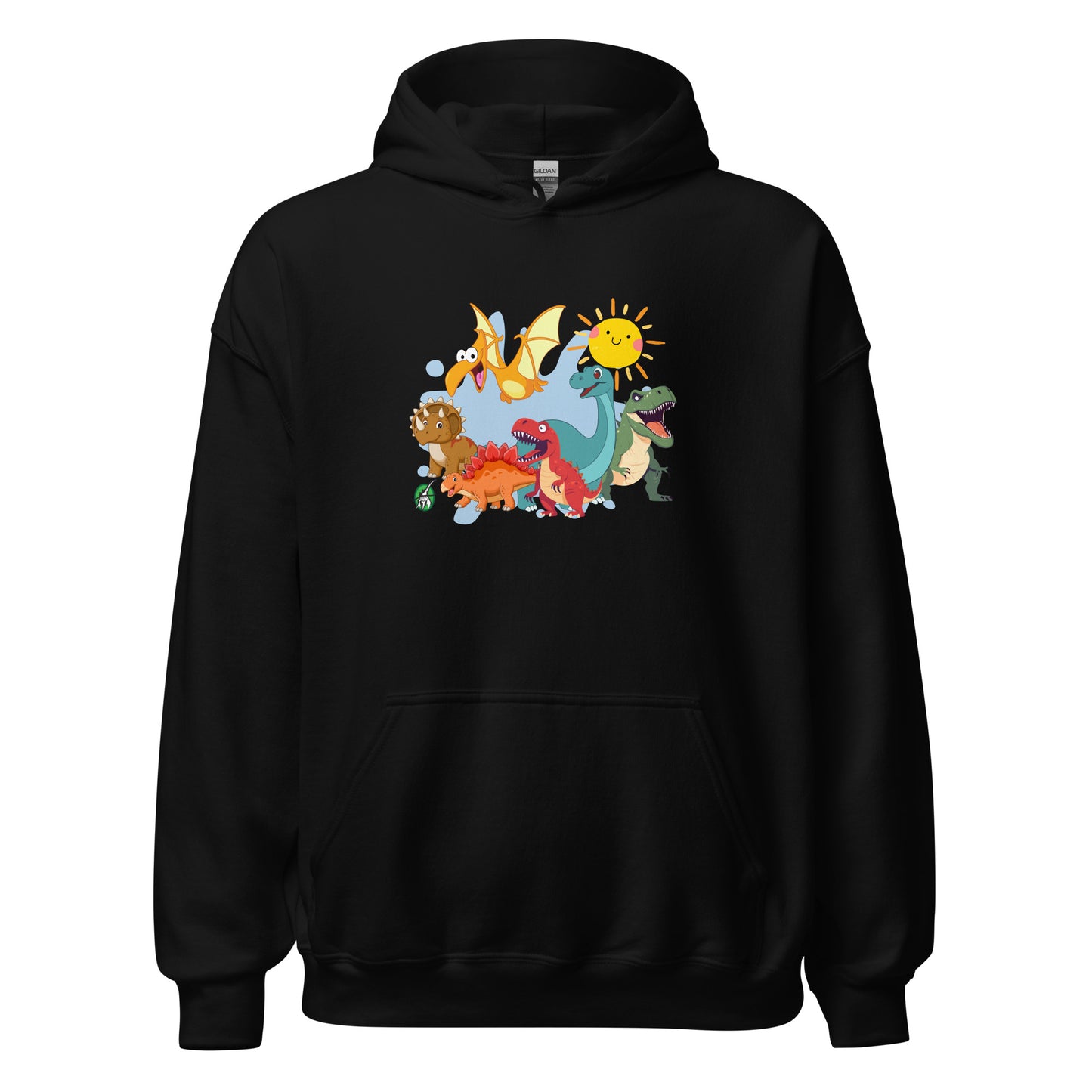 Men's black hoodie with a printed graphic of different colorful dinosaur types and the sun. Designed by Wizard Prints.