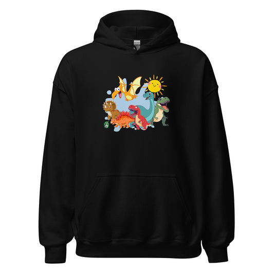 Men's black hoodie with a printed graphic of different colorful dinosaur types and the sun. Designed by Wizard Prints.