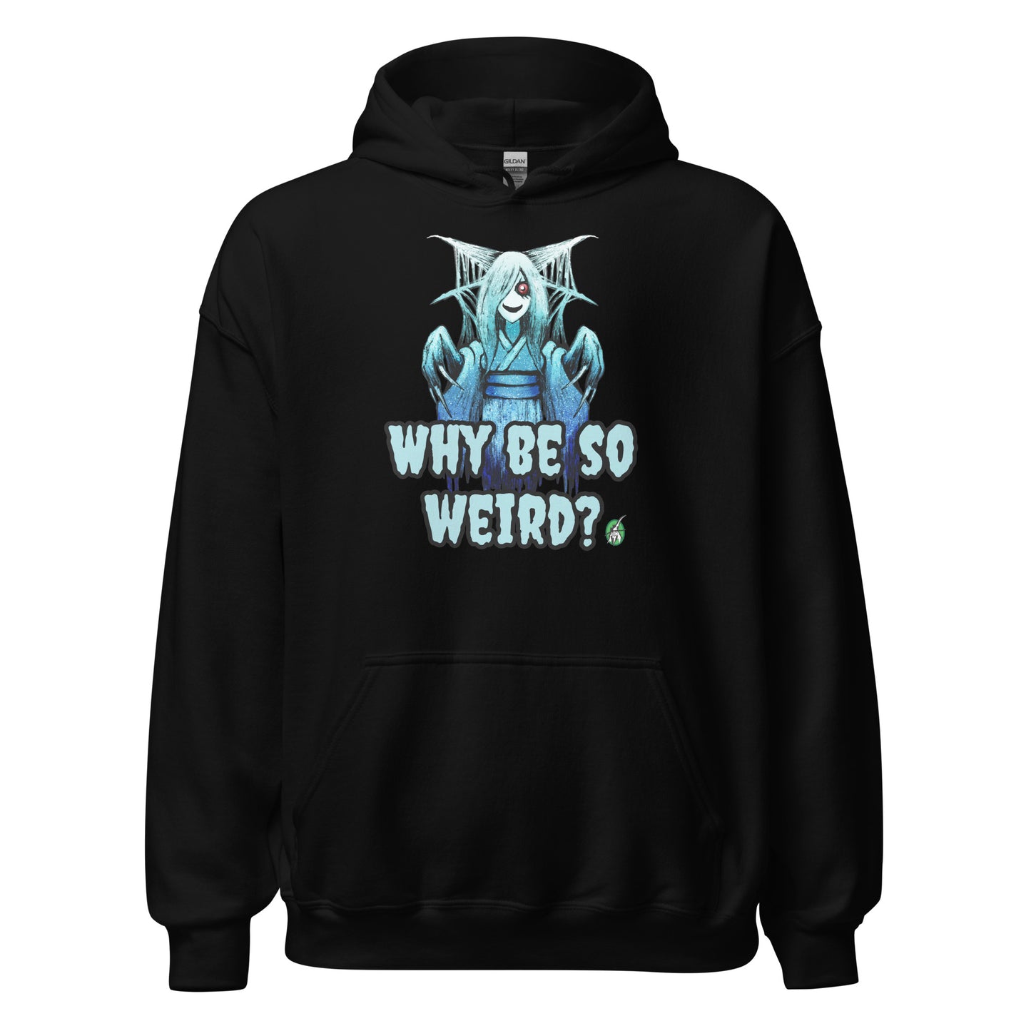 Men's black hoodie with a printed graphic of a blue ghost girl with the words, 'Why Be So Weird?'. Designed by Wizard Prints.