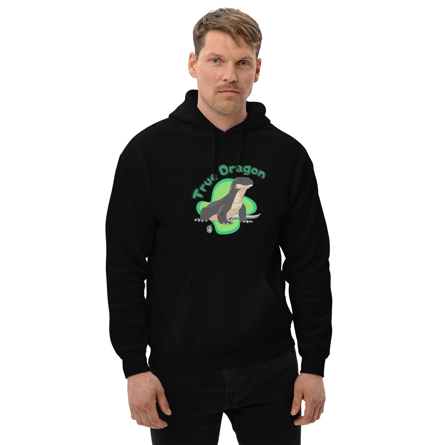 A man standing wearing a black hoodie with a printed graphic of a komodo dragon and the words, True Dragon. Designed by Wizard Prints.