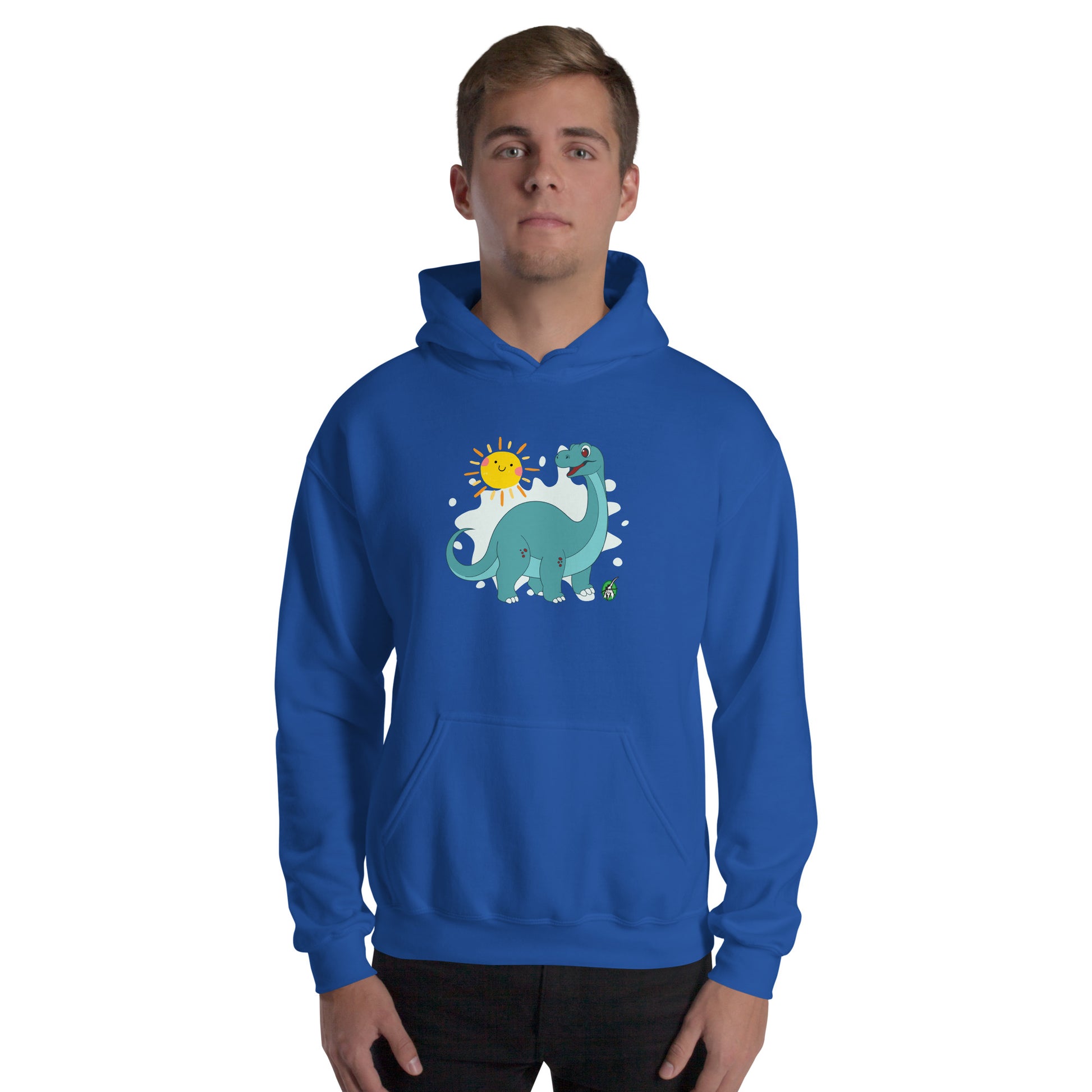 A man standing wearing a blue hoodie with a printed graphic of a smiling cartoon dinosaur and the sun. Designed by Wizard Prints.