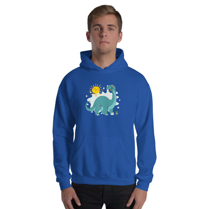 A man standing wearing a blue hoodie with a printed graphic of a smiling cartoon dinosaur and the sun. Designed by Wizard Prints.