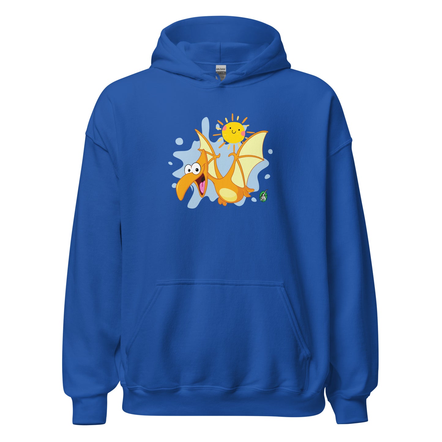 Men's blue hoodie with a printed graphic of a smiling cartoon dinosaur and the sun. Designed by Wizard Prints.