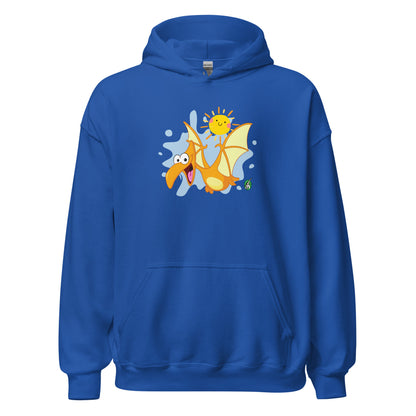 Men's blue hoodie with a printed graphic of a smiling cartoon dinosaur and the sun. Designed by Wizard Prints.