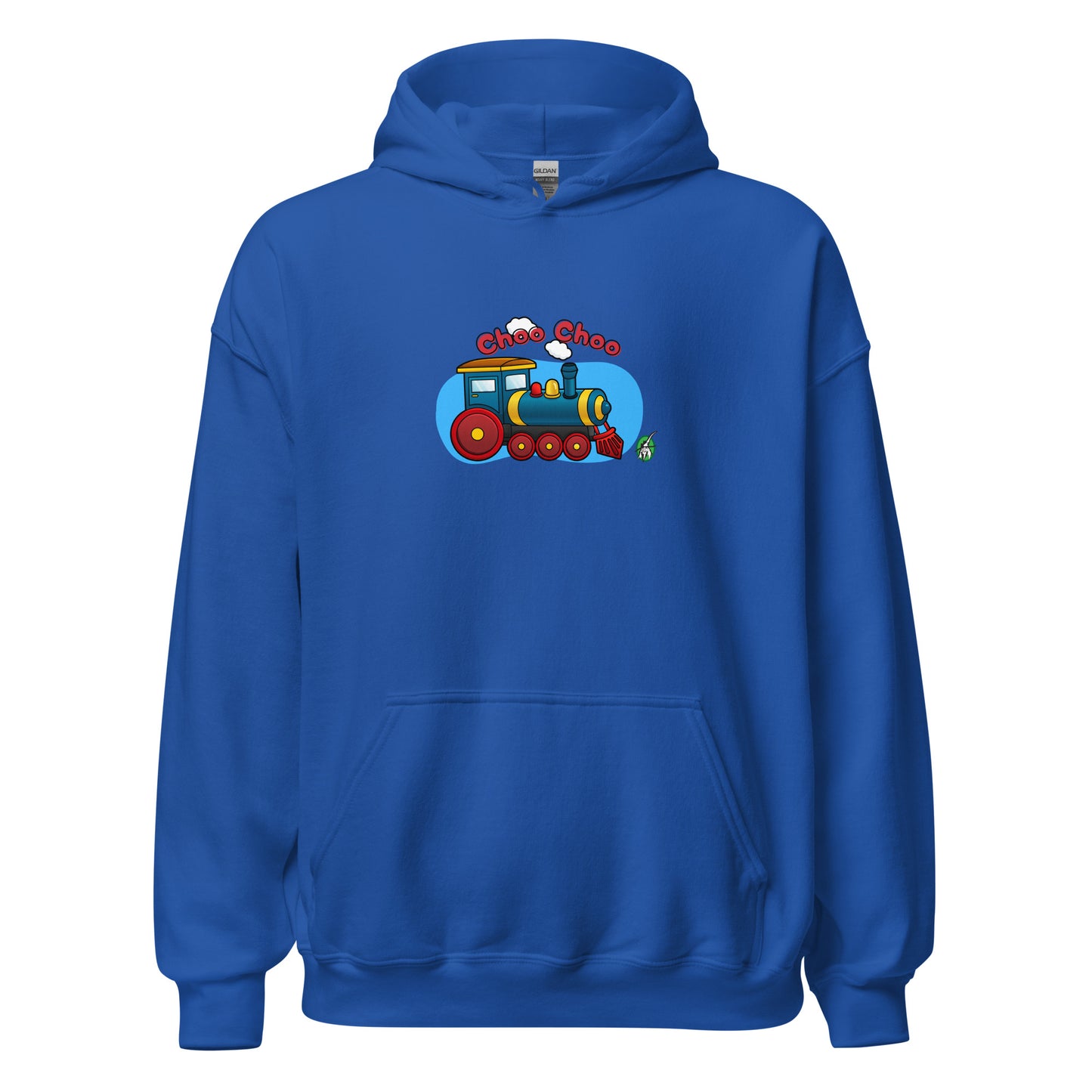 Men's blue hoodie with a printed graphic of a cartoon train and the words 'Choo Choo'. Designed by Wizard Prints