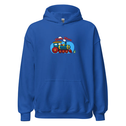 Men's blue hoodie with a printed graphic of a cartoon train and the words 'Choo Choo'. Designed by Wizard Prints