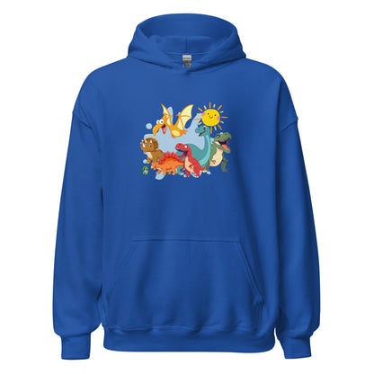 Mens blue hoodie with a printed graphic of different colorful dinosaur types and the sun. Designed by Wizard Prints.