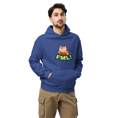 A man standing wearing a blue hoodie by Wizard Prints featuring a printed graphic of a grumpy cat with the words, 'FML!'. 