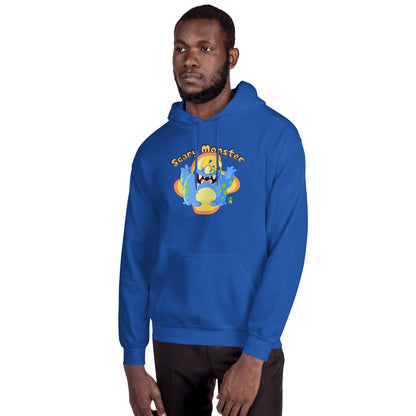 A man standing wearing a blue hoodie with a printed graphic of a cartoon monster and the words, Scary Monster. Designed by Wizard Prints.