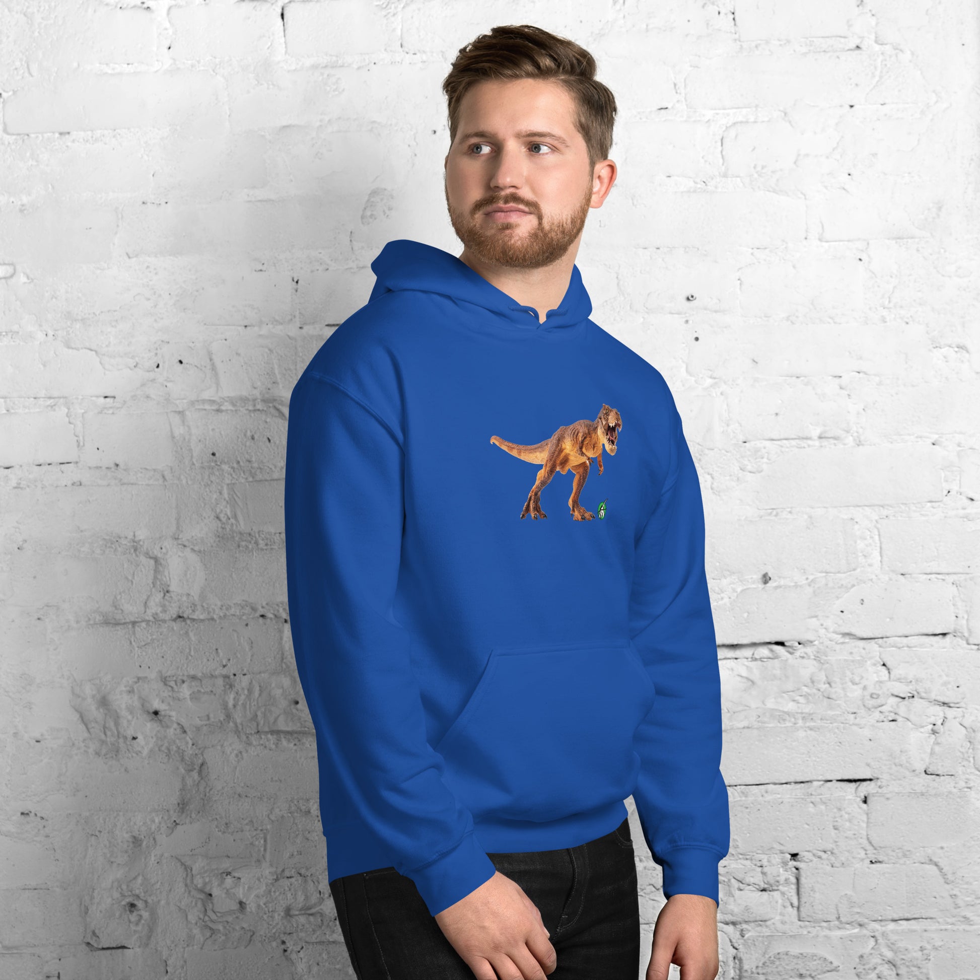 A man standing wearing a blue hoodie with a printed graphic of a life like dinosaur. Designed by Wizard Prints.