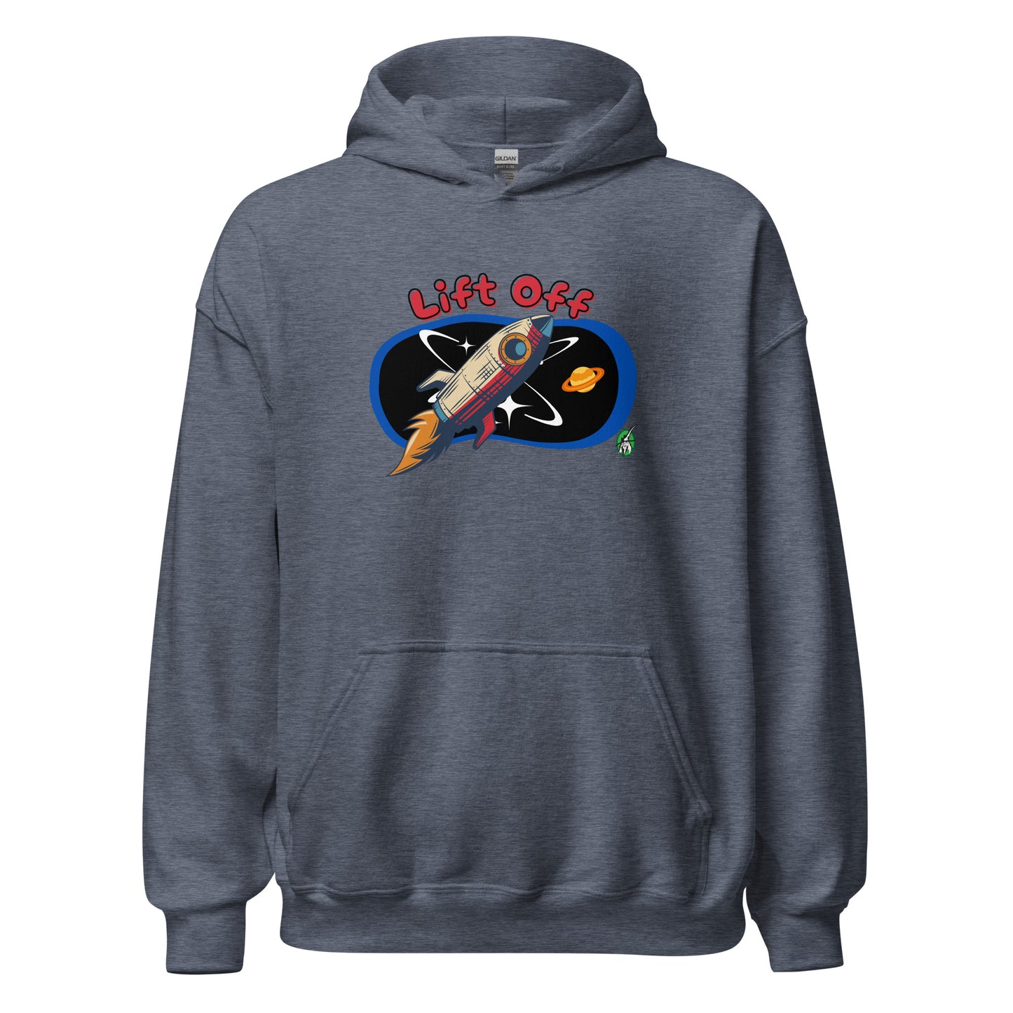 Men's dark grey hoodie with a printed graphic of a rocket and the words, Lift Off. Designed by Wizard Prints.
