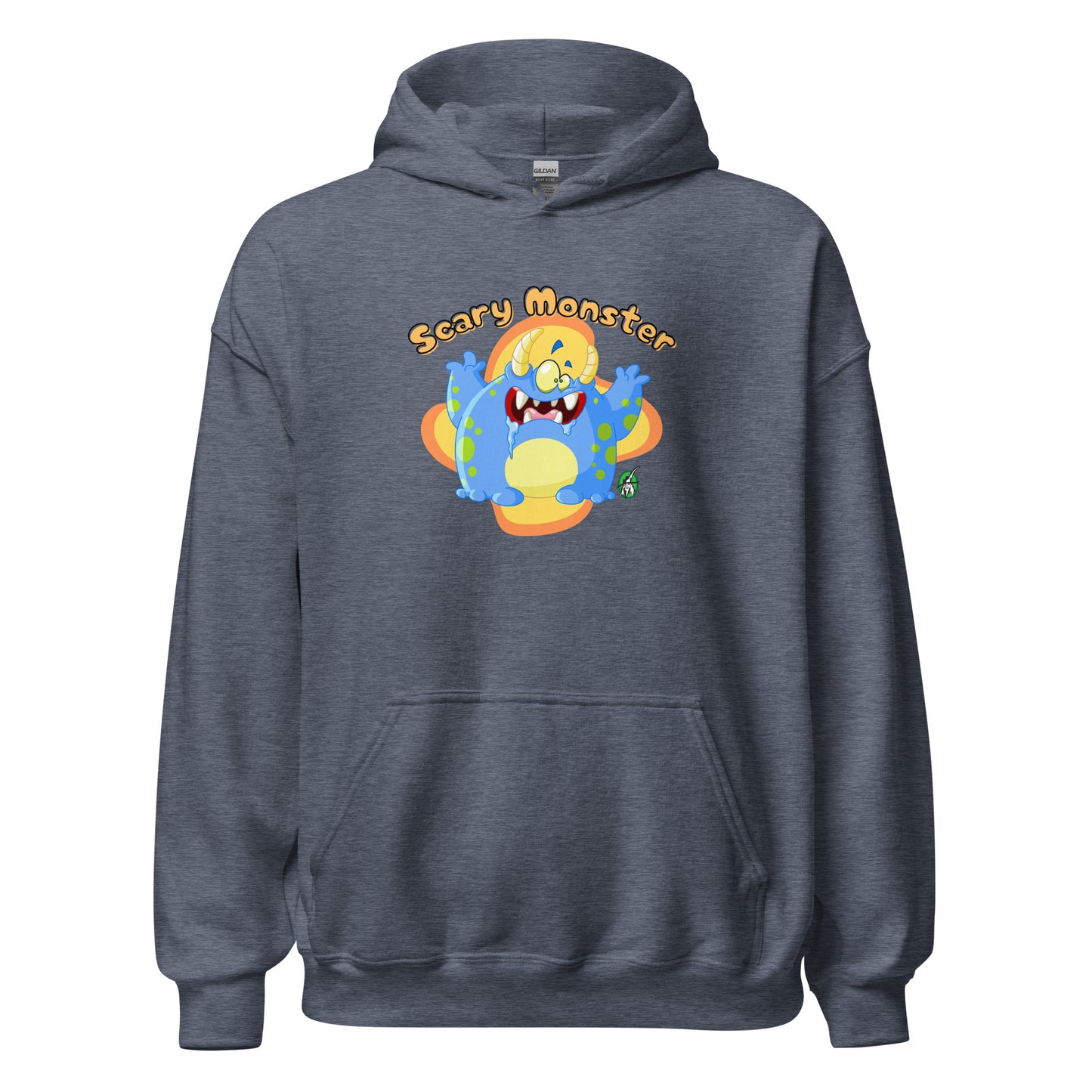Men's dark grey hoodie with a printed graphic of a cartoon monster and the words, Scary Monster. Designed by Wizard Prints.