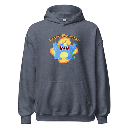 Men's dark grey hoodie with a printed graphic of a cartoon monster and the words, Scary Monster. Designed by Wizard Prints.