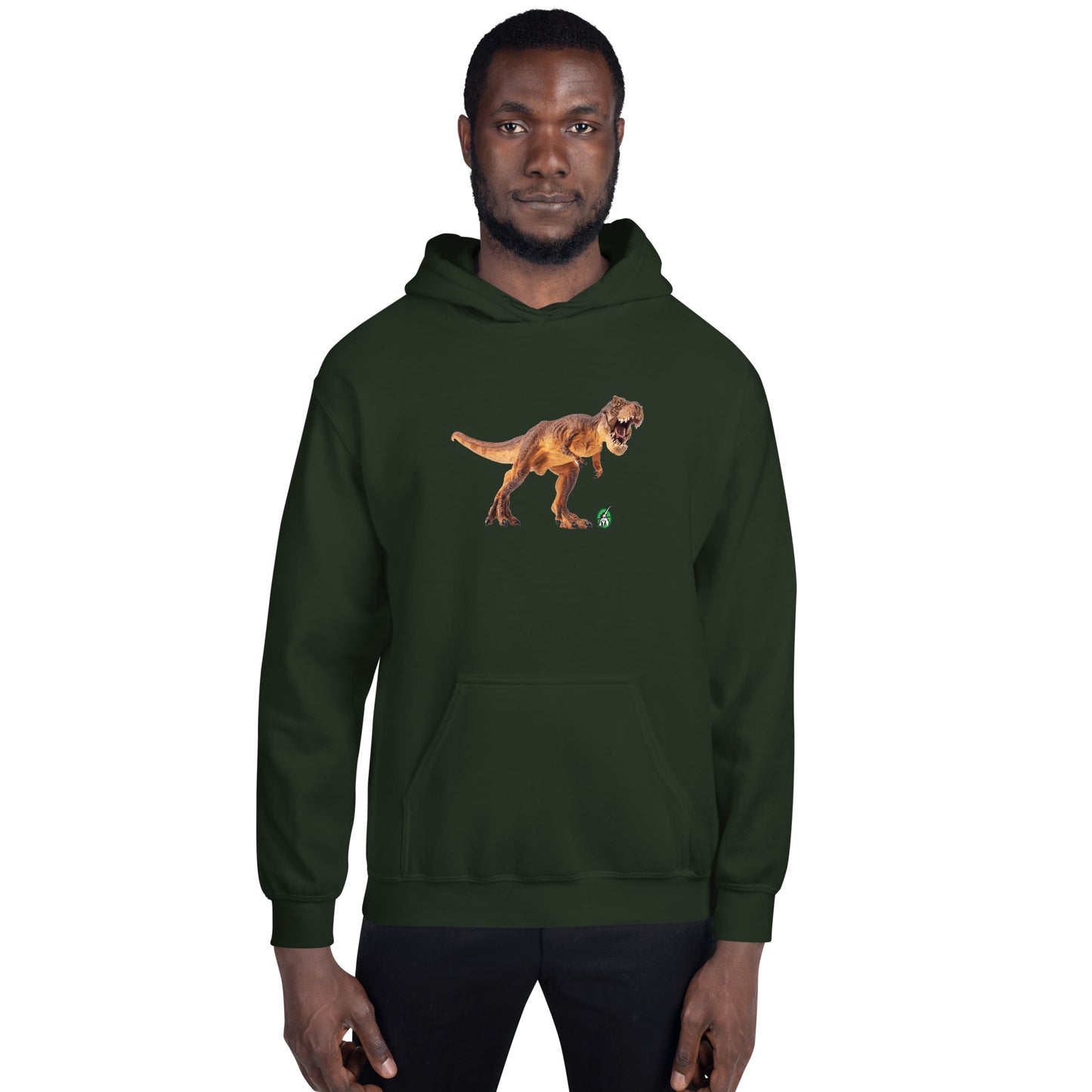 A man standing wearing a forest green hoodie with a printed graphic of a life like dinosaur. Designed by Wizard Prints.