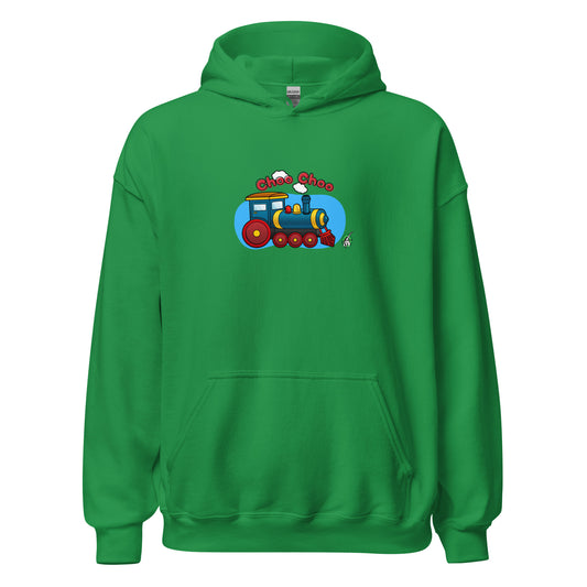 Men's green hoodie with a printed graphic of a cartoon train and the words 'Choo Choo'. Designed by Wizard Prints