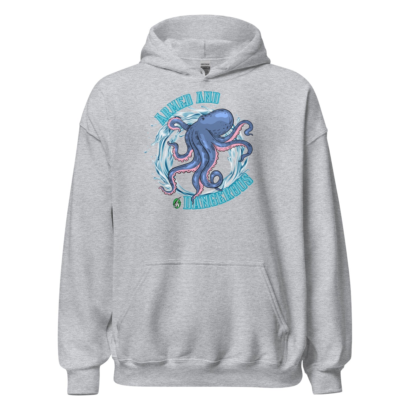 A men's grey hoodie with the graphic of an octopus and the text, Armed and Dangerous by Wizard Prints Shop.