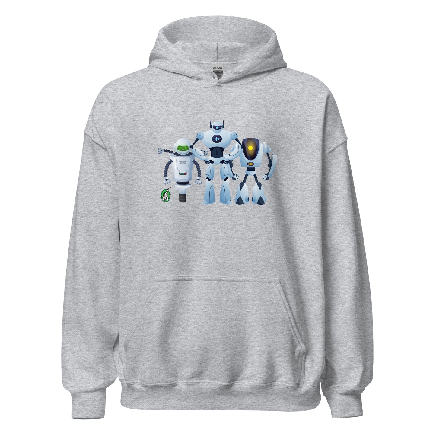 Men's grey hoodie with a printed graphic of three cartoon robots, designed by Wizard Prints