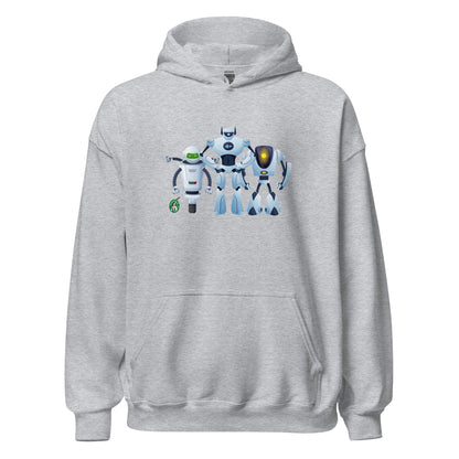 Men's grey hoodie with a printed graphic of three cartoon robots, designed by Wizard Prints