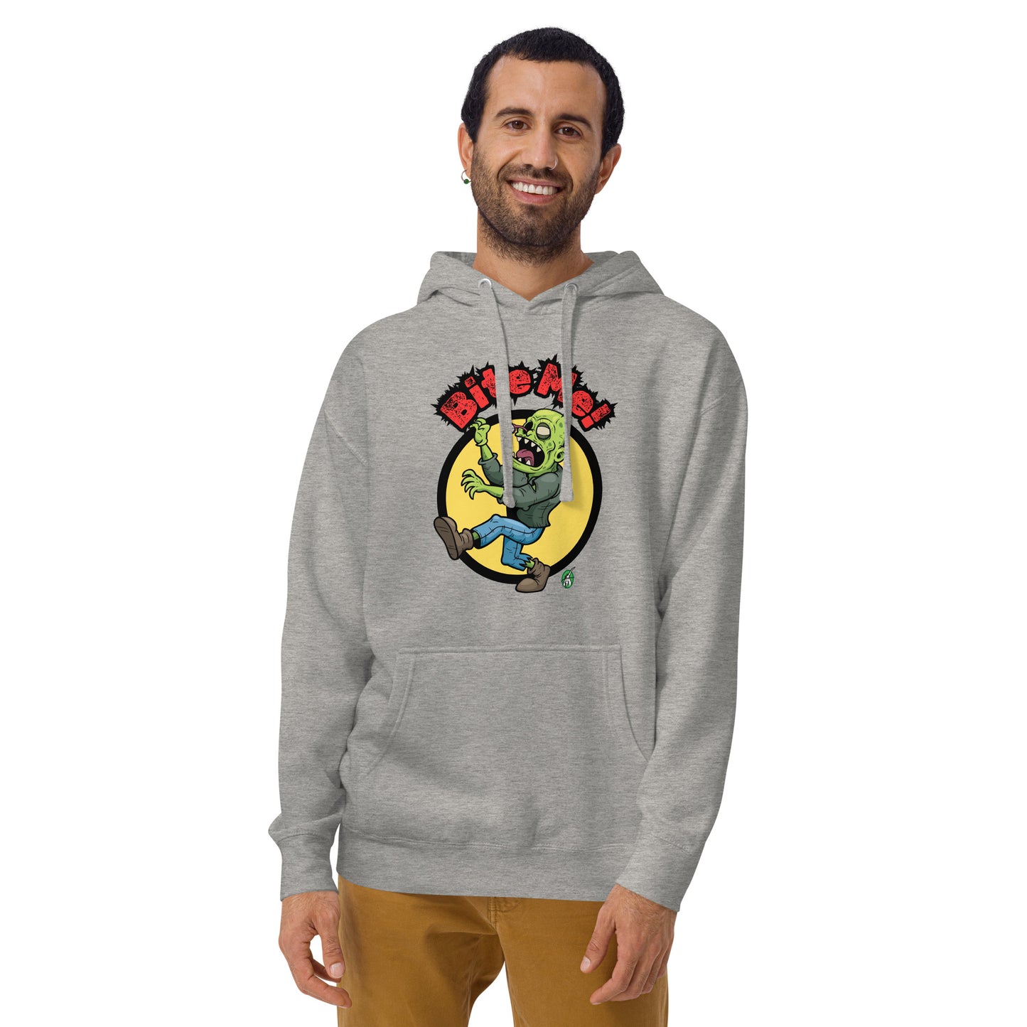 A man standing wearing a grey hoodie with the printed graphic of a zombie with the words, Bite Me. Designed by Wizard Prints.
